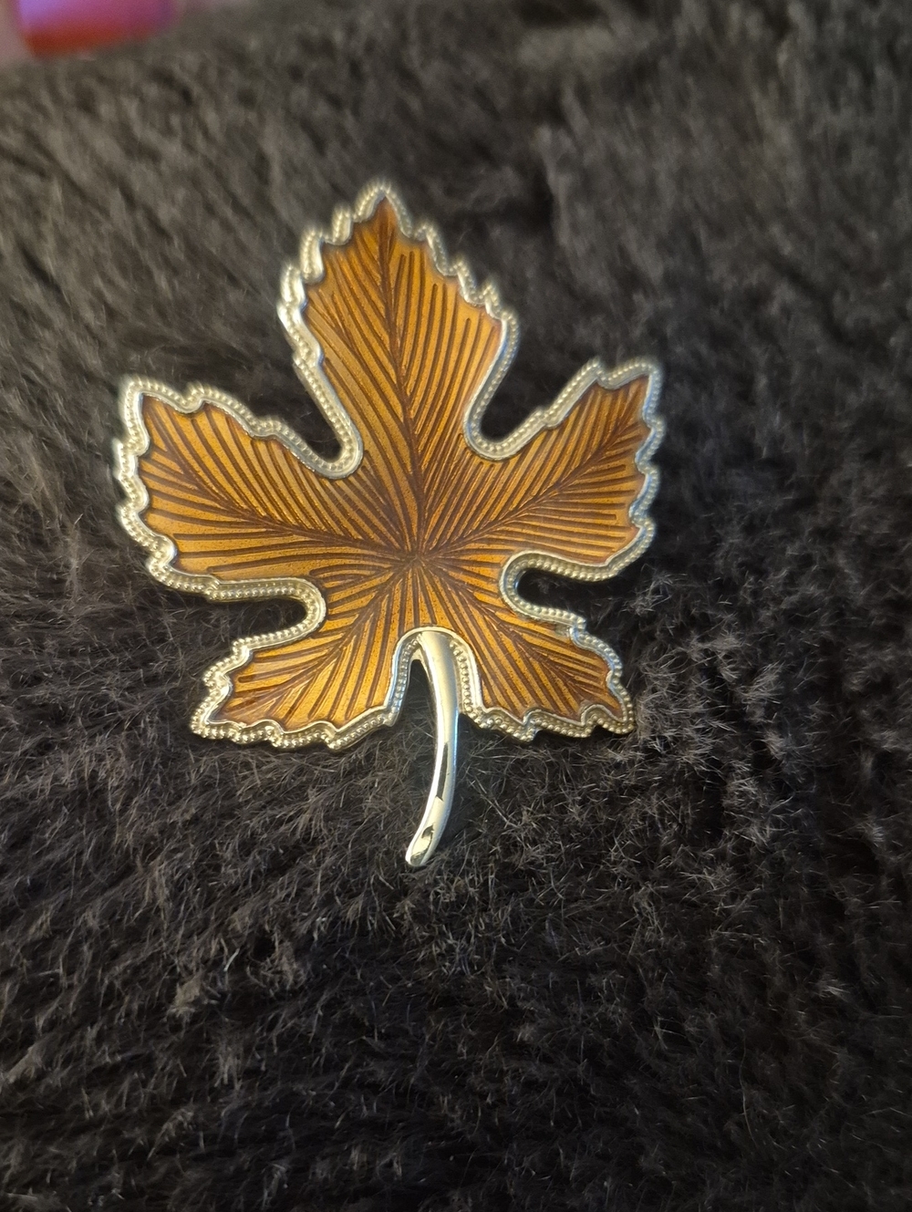 Vintage Maple Leaf Enamel Guilloche ? Goldtone brooch mid centry